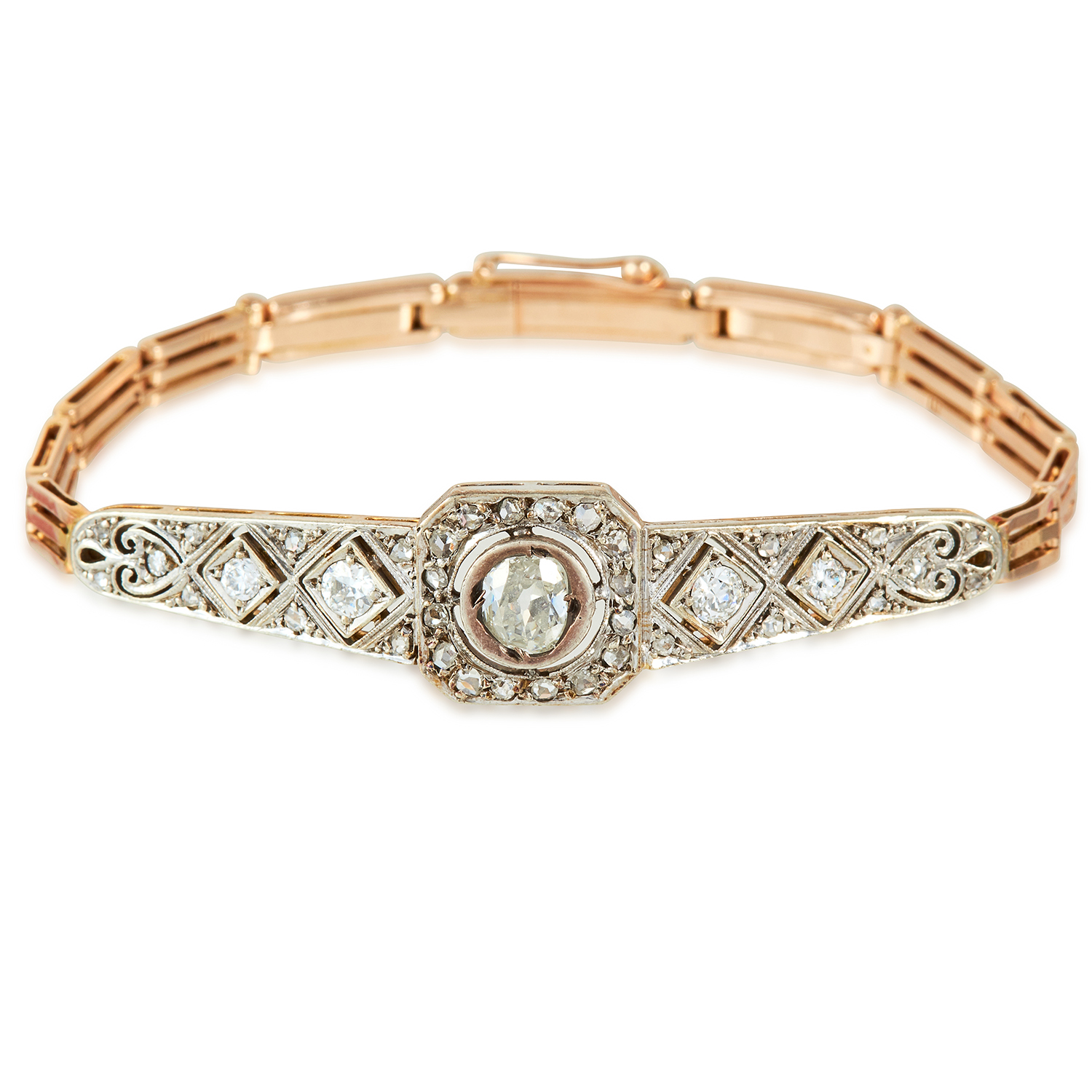 AN ANTIQUE RUSSIAN DIAMOND BRACELET in yellow gold and platinum, set with an old cut diamond of