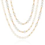 A PEARL AND GOLD BEAD SAUTOIR NECKLACE in high carat yellow gold, designed as a very long row of
