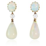 A PAIR OF OPAL AND DIAMOND DROP EARRINGS in high carat yellow gold each designed as a polished