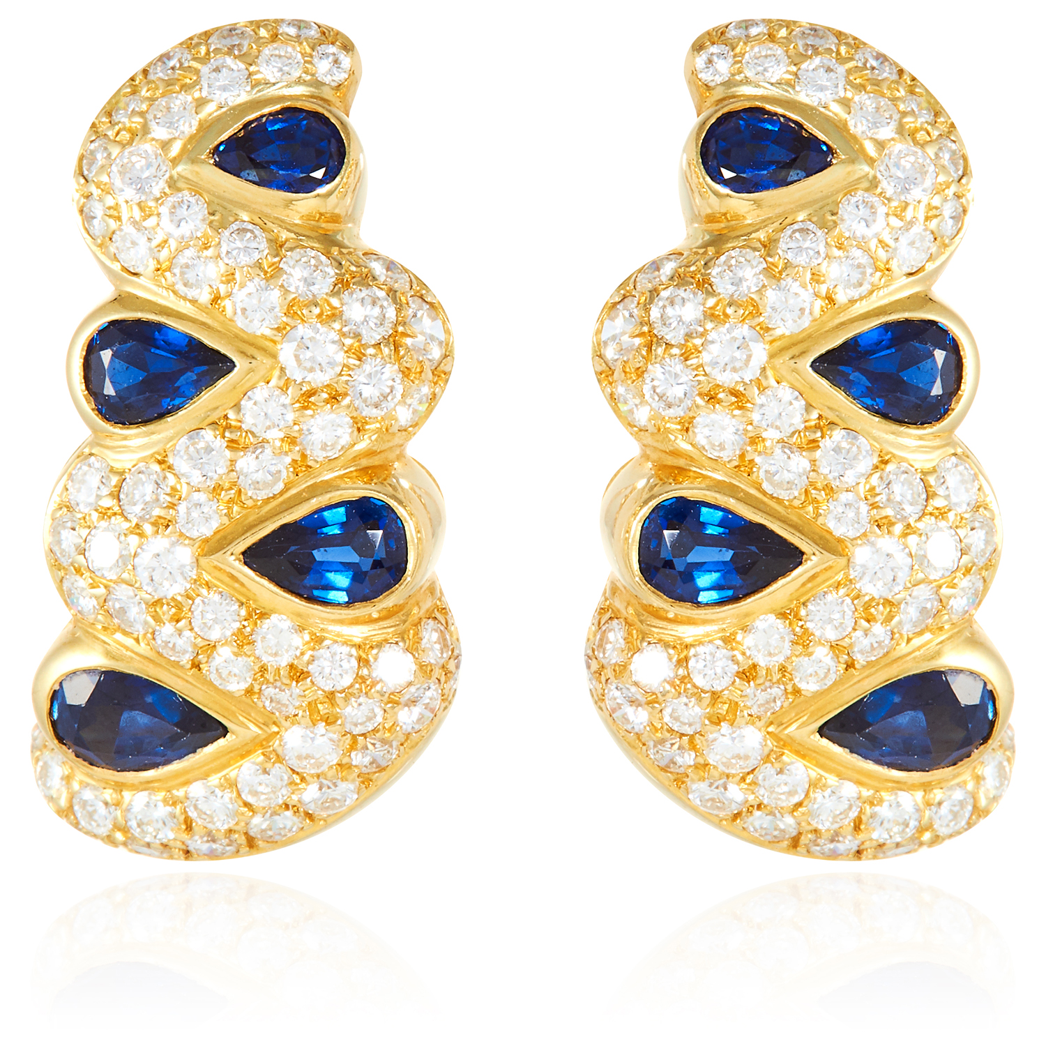 A PAIR OF SAPPHIRE AND DIAMOND EARRINGS in 18ct yellow gold, the tapering bodies jewelled with