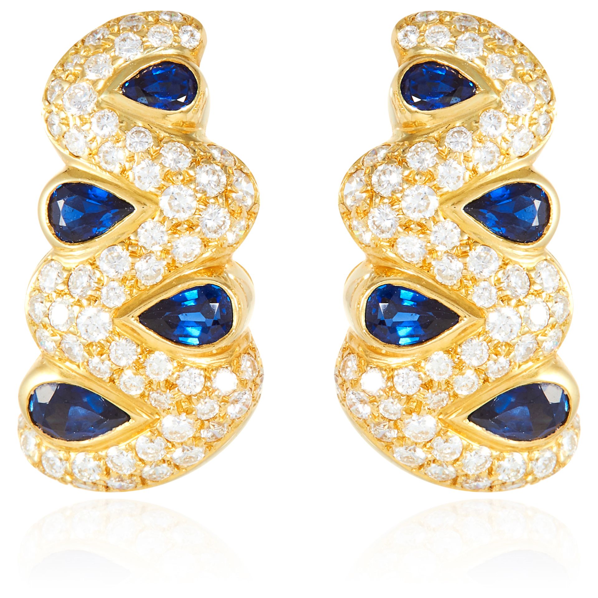 A PAIR OF SAPPHIRE AND DIAMOND EARRINGS in 18ct yellow gold, the tapering bodies jewelled with
