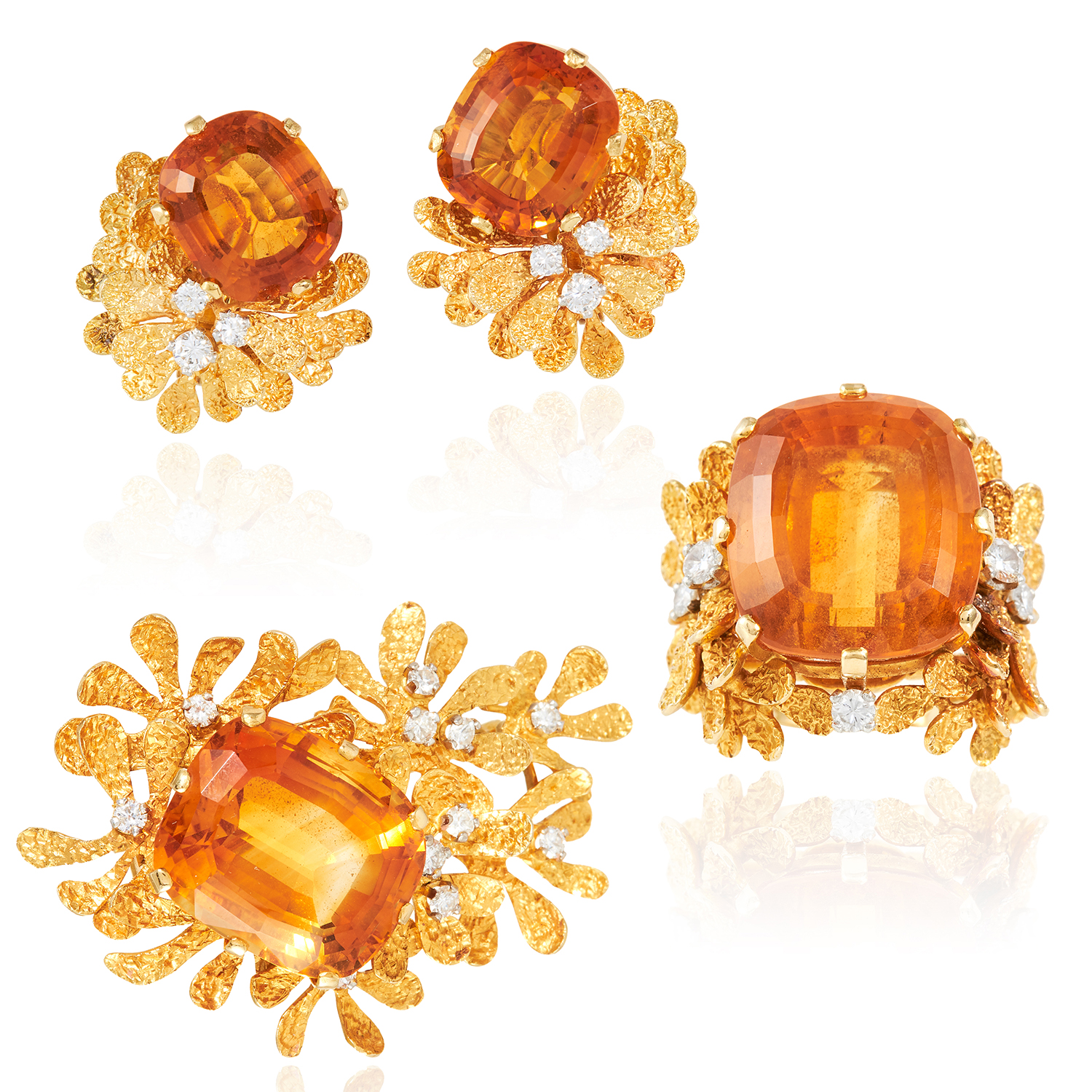 A CITRINE AND DIAMOND RING, EARRINGS AND BROOCH SUITE, HG 1969 in 18ct yellow gold, each set with