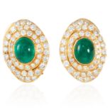 A PAIR OF EMERALD AND DIAMOND EARRINGS, in 18ct yellow gold, set with a central cabochon emerald