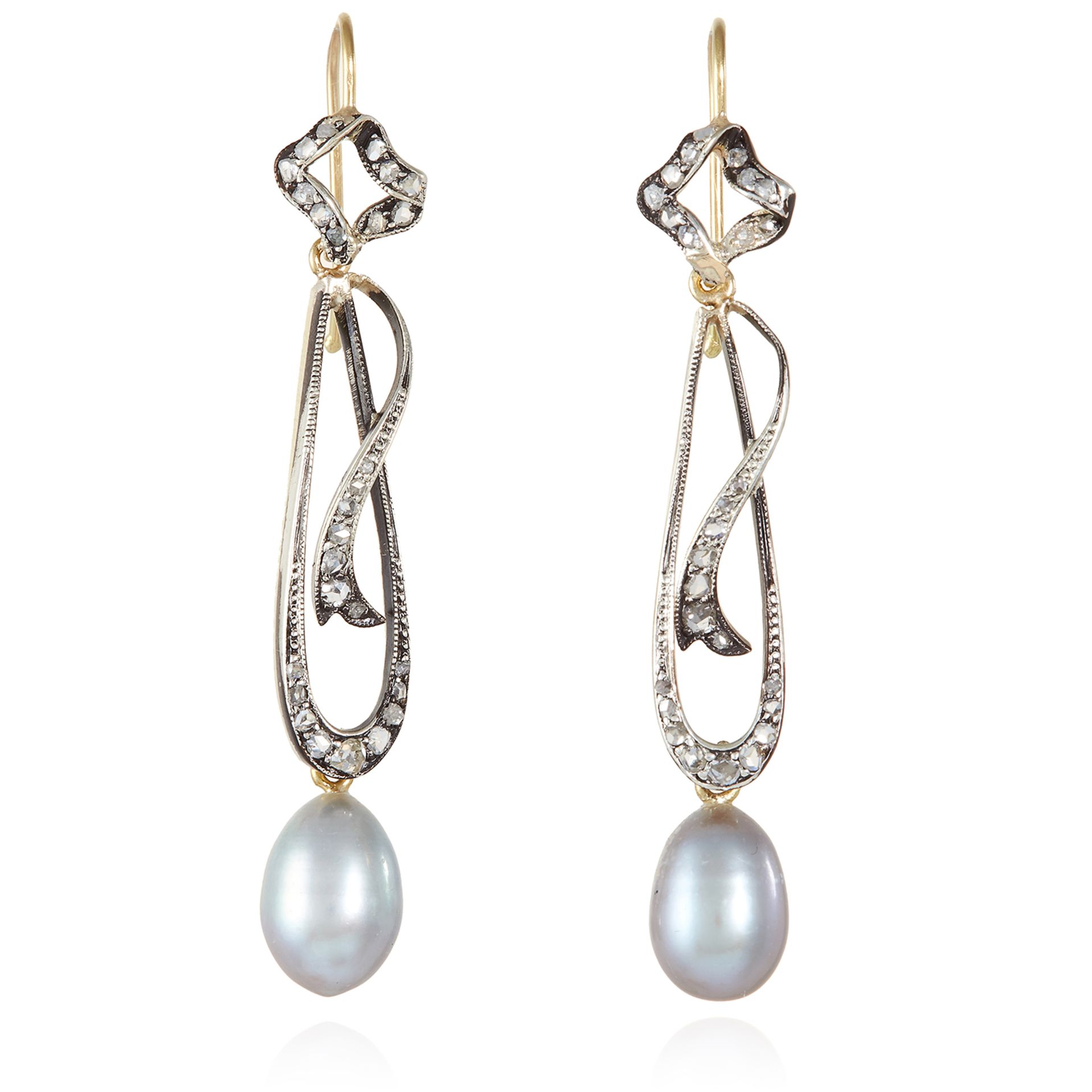 A PAIR OF ART NOUVEAU PEARL AND DIAMOND EARRINGS in gold and silver, each suspending a drop shaped