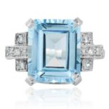 AN ART DECO AQUAMARINE AND DIAMOND RING in platinum or white gold, the emerald cut aquamarine of 5.