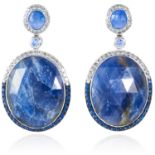 A PAIR OF SAPPHIRE AND DIAMOND EARRINGS in 18ct white gold, each set with a large oval rose cut