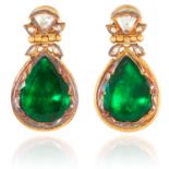A PAIR OF INDIAN EMERALD, DIAMOND AND ENAMEL EARRINGS in high carat yellow gold, each set with a