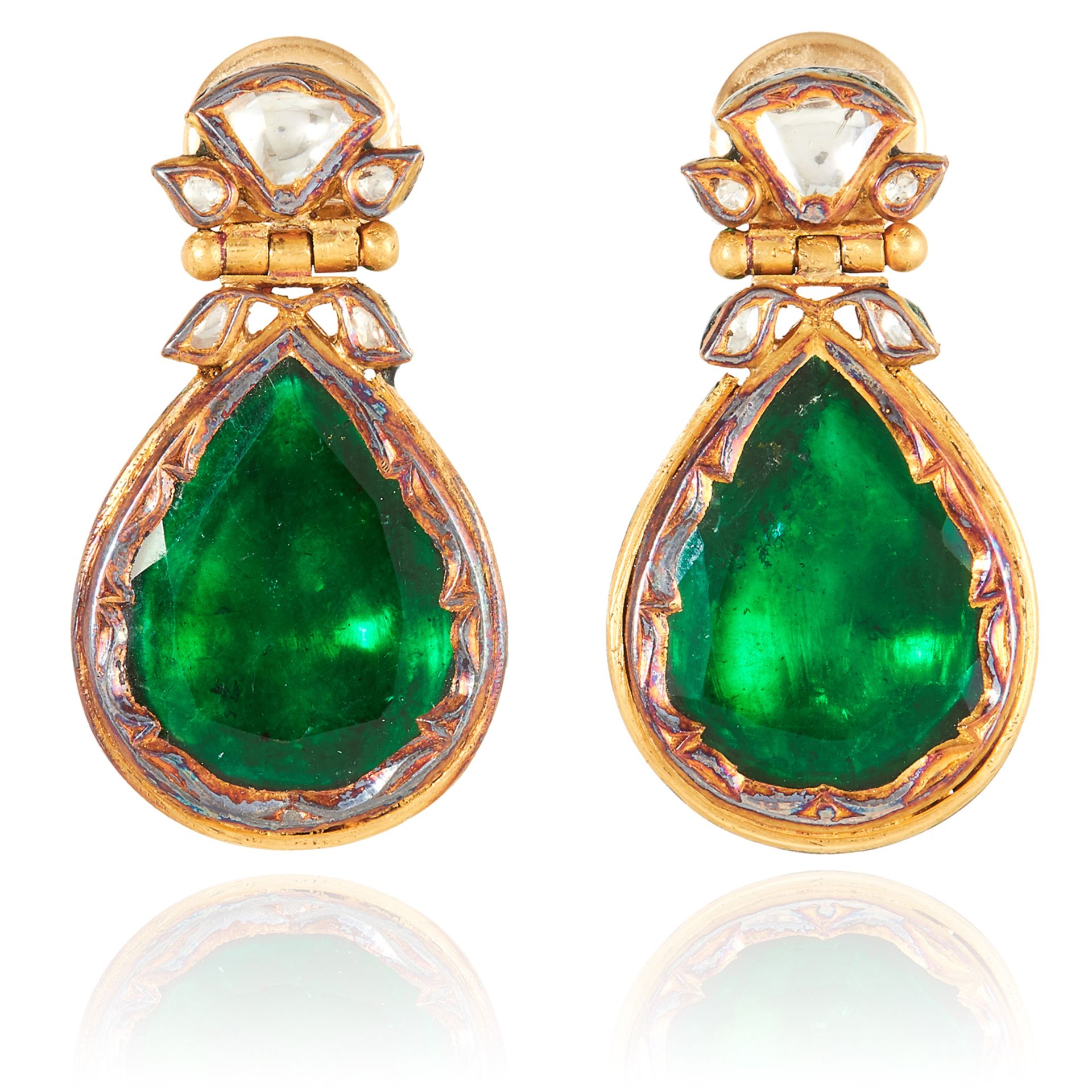 A PAIR OF INDIAN EMERALD, DIAMOND AND ENAMEL EARRINGS in high carat yellow gold, each set with a