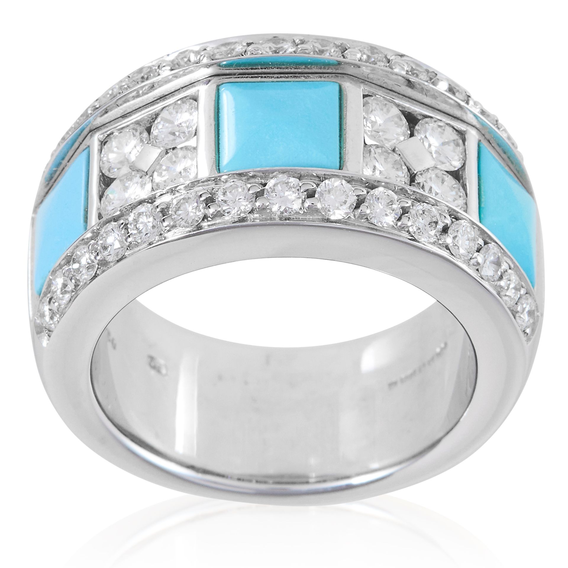 A TURQUOISE AND DIAMOND RING, PICCHIOTTI in 18ct white gold, set with alternating square turquoise