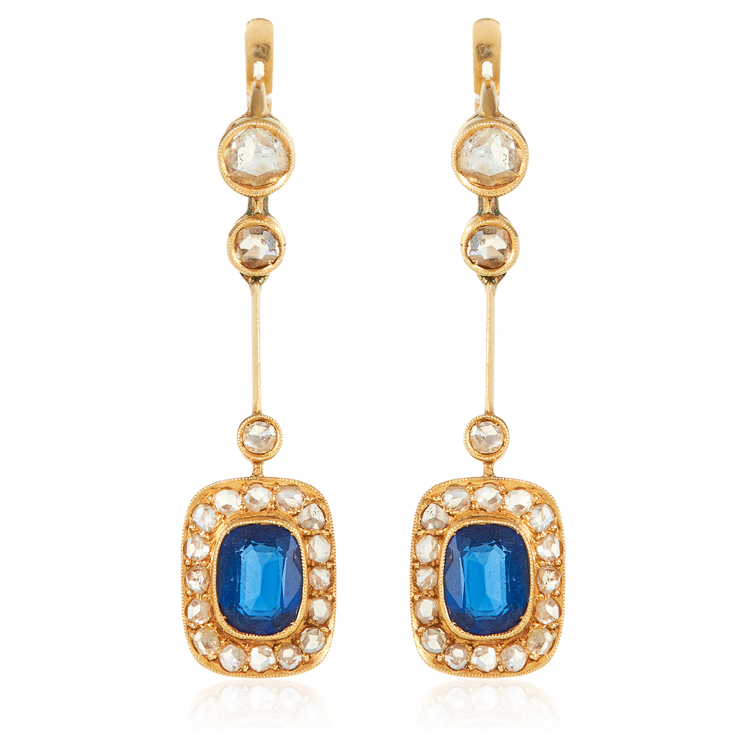 A PAIR OF ART DECO SAPPHIRE AND DIAMOND EARRINGS in high carat yellow gold, each set with a