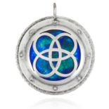 AN ANTIQUE ARTS & CRAFTS ENAMEL PENDANT, PROBABLY ARCHIBALD KNOX of circular form, the hand