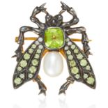 A PERIDOT, PEARL AND DIAMOND INSECT BROOCH designed as a fly, jewelled with peridot, pearl and