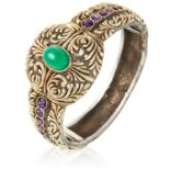 AN ANTIQUE CHRYSOPRASE AND AMETHYST BANGLE, SPANISH 19TH CENTURY in yellow gold and silver, the