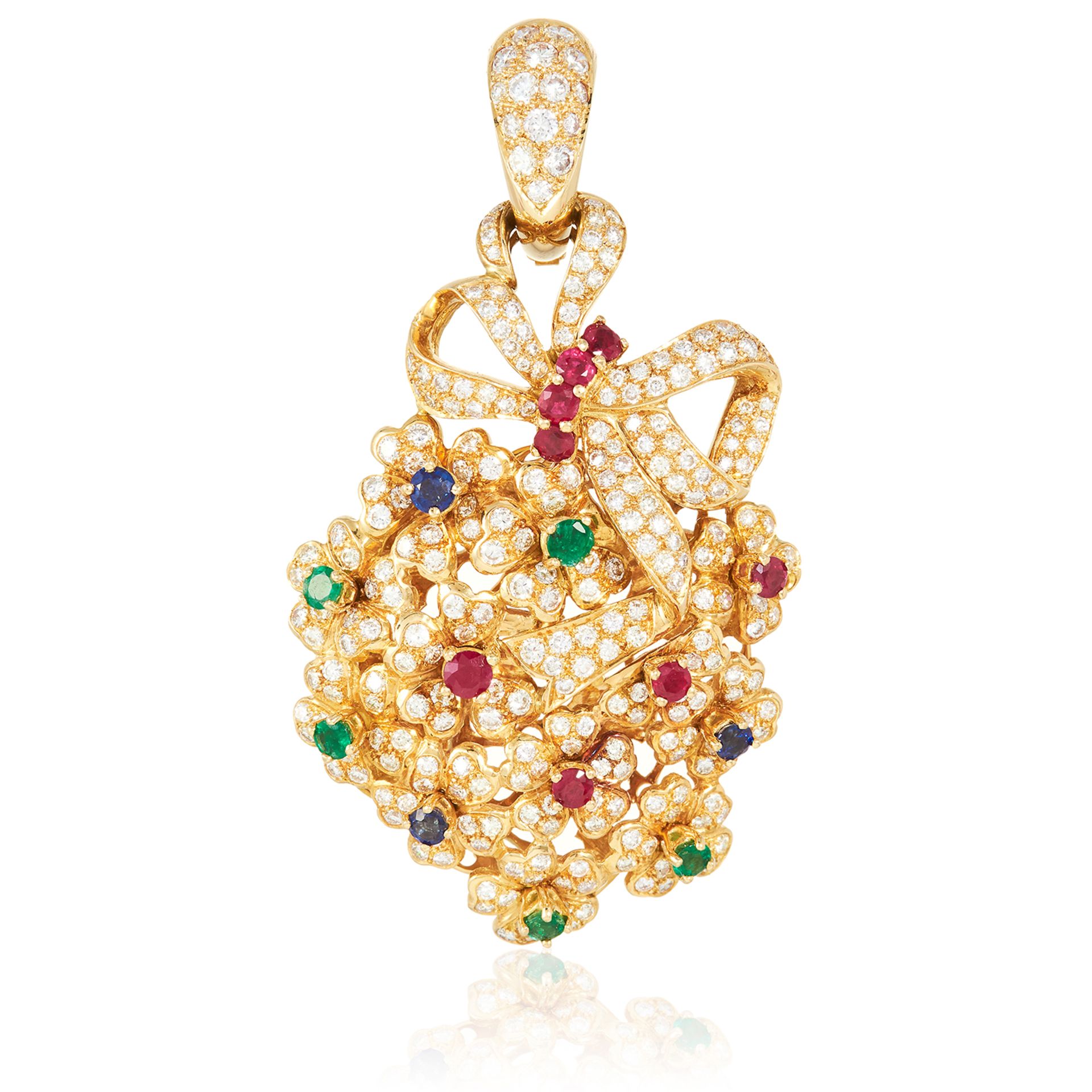 A RUBY, EMERALD, SAPPHIRE AND DIAMOND PENDANT in 18ct yellow gold, designed with floral cluster