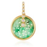 A JADEITE JADE AND DIAMOND PENDANT in 18ct yellow gold, the circular carved piece of jade accented