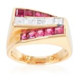 A RUBY AND DIAMOND DRESS RING, HEYMEN BROTHERS in 18ct yellow gold, set with alternating rows of