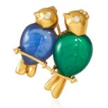 A CHALCEDONY AND DIAMOND BIRD BROOCH, CARTIER, 1991 in 18ct yellow gold, depicting two love birds,