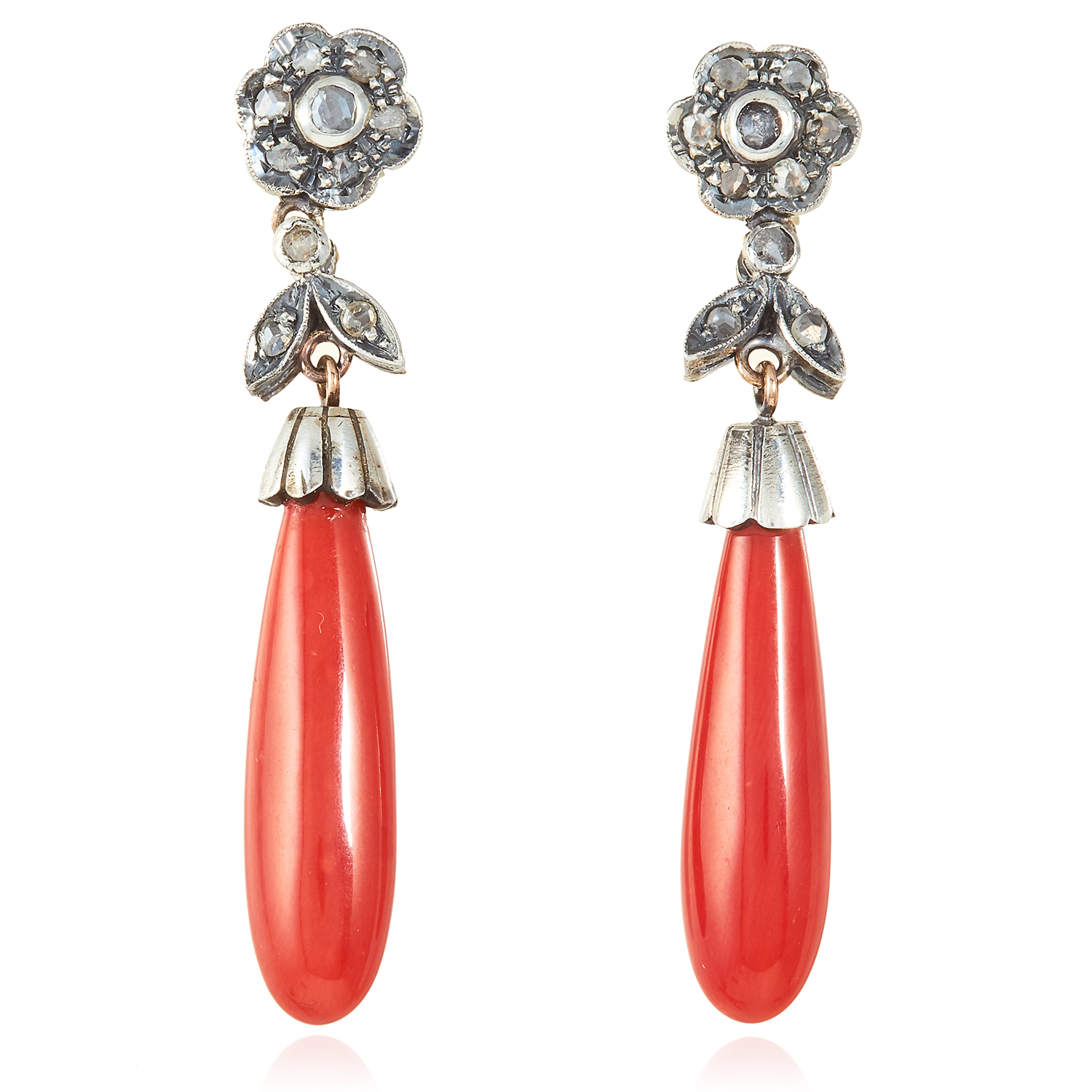 A PAIR OF ANTIQUE CORAL AND DIAMOND EARRINGS in yellow gold and silver, each set with a tapering