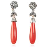 A PAIR OF ANTIQUE CORAL AND DIAMOND EARRINGS in yellow gold and silver, each set with a tapering