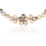 A PEARL AND DIAMOND NECKLACE, SCHOEFFEL in 18ct white gold, designed as floral motif jewelled with