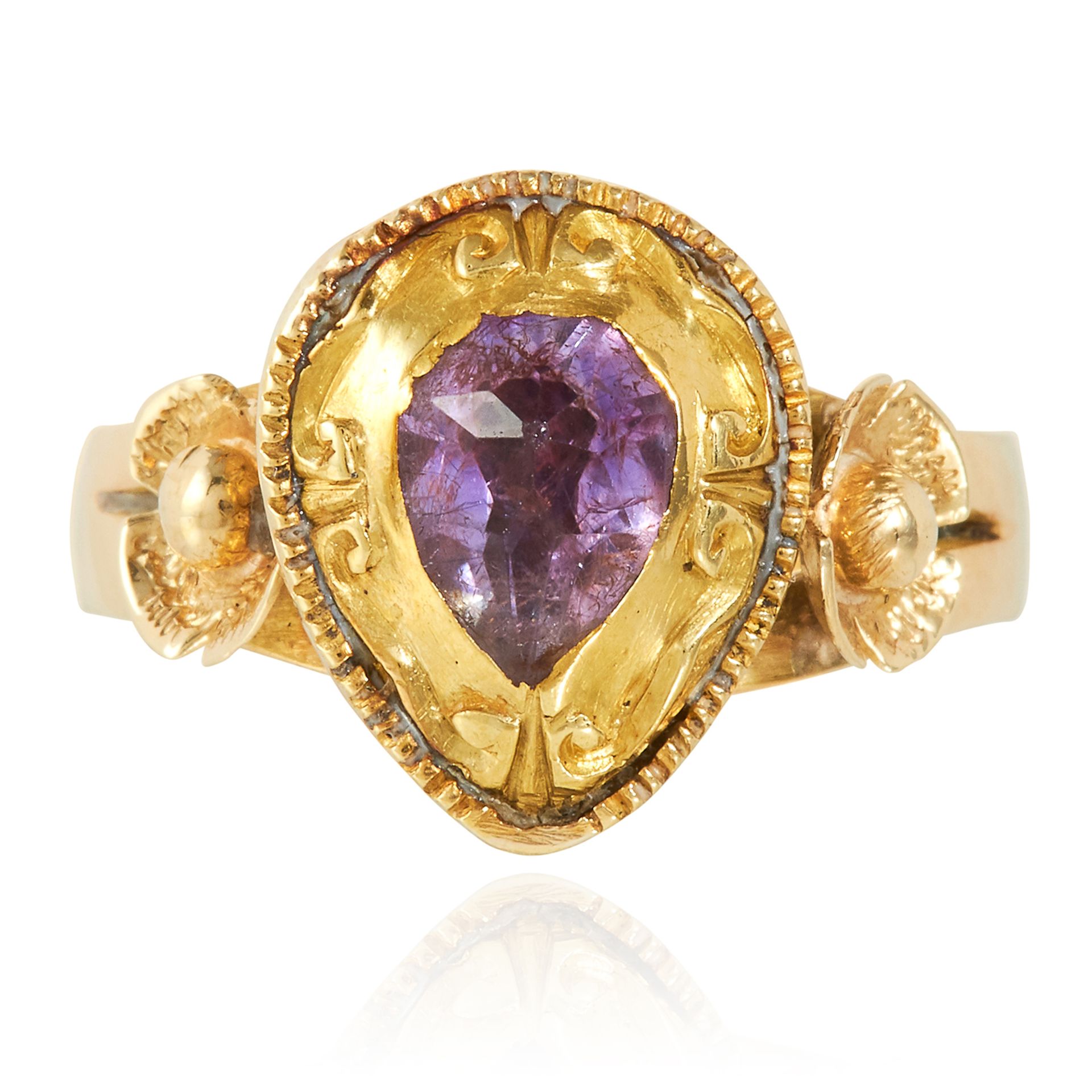 AN ANTIQUE AMETHYST DRESS RING, SPANISH in high carat yellow gold, set with a pear shaped rose cut
