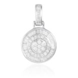 A DIAMOND PENDANT in white gold, in circular form, jewelled with round and baguette cut diamonds,