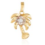 A DIAMOND PALM TREE PENDANT in 14K yellow gold, depicting a palm tree jewelled with a round cut