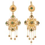 A PAIR OF ANTIQUE EMERALD AND PEARL EARRINGS, SPANISH EARLY 19TH CENTURY in high carat yellow