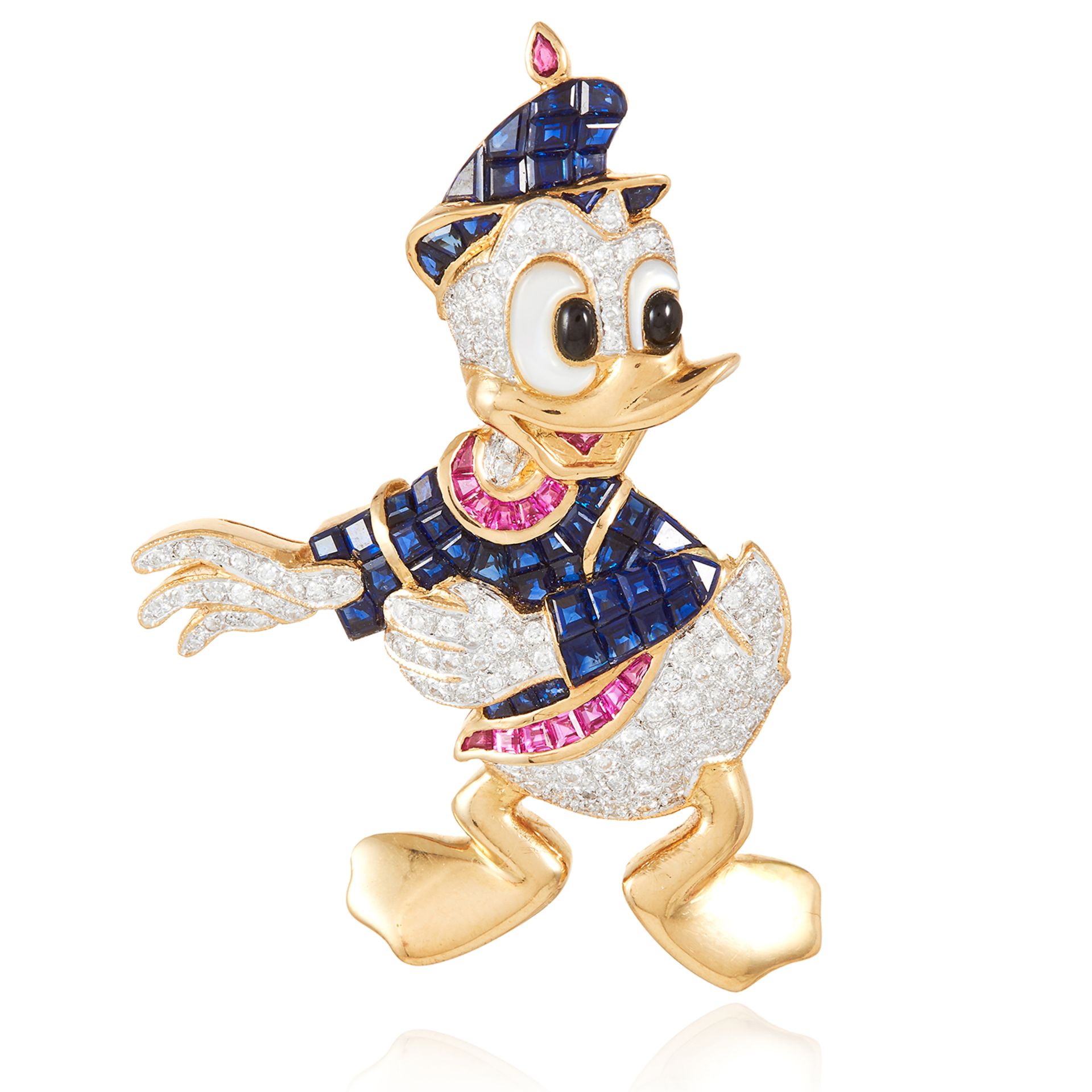 A JEWELLED DONALD DUCK BROOCH in 18ct yellow gold, designed to depict Disney's Donald Duck, his body