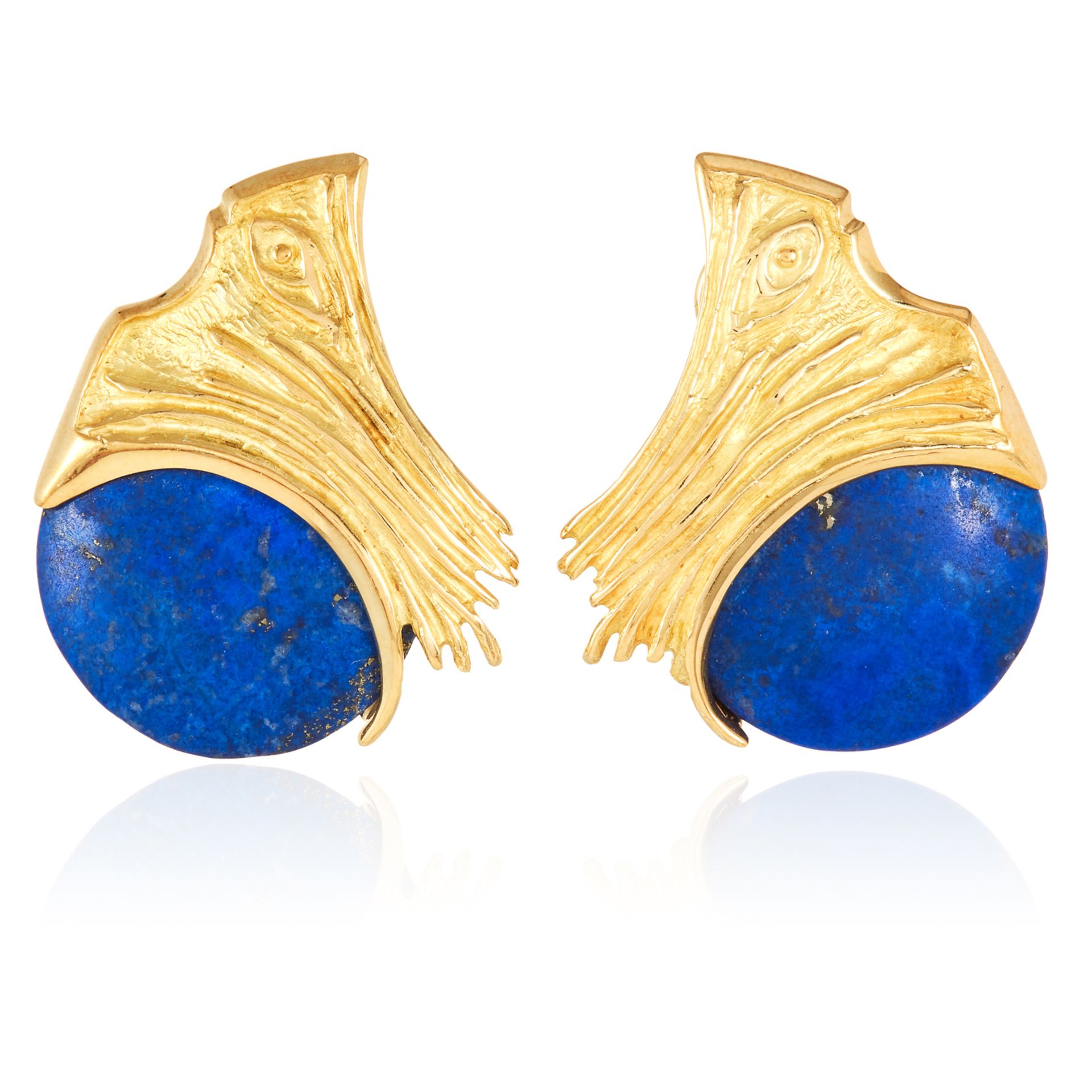 A PAIR OF LAPIS LAZULI EARRINGS in 18ct yellow gold, each designed as a polished lapis lazuli disc