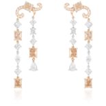A PAIR OF 5.45 CARAT DIAMOND EARRINGS in 18ct white and rose gold, each set with a radiant cut fancy