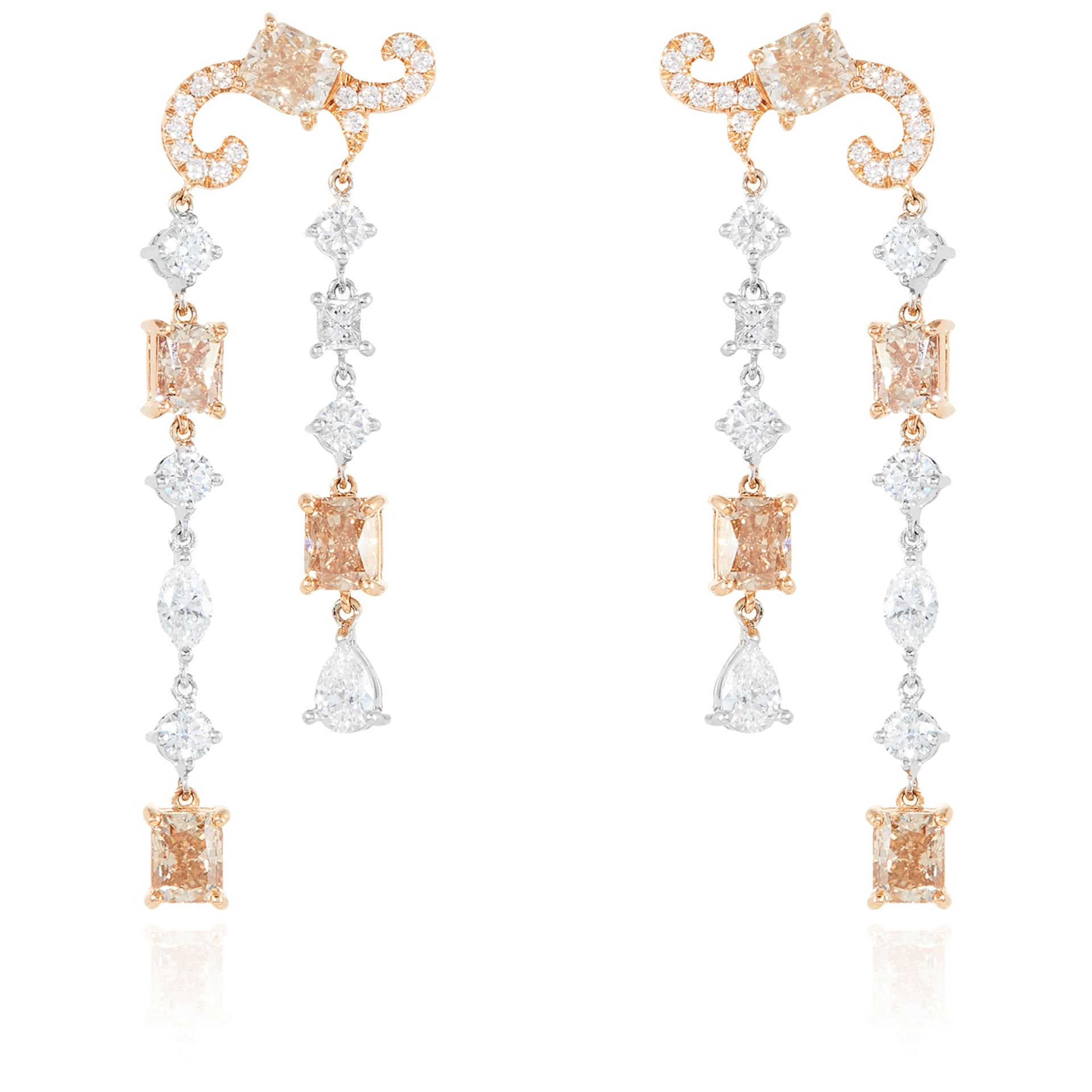 A PAIR OF 5.45 CARAT DIAMOND EARRINGS in 18ct white and rose gold, each set with a radiant cut fancy