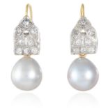 A PAIR OF ART DECO PEARL AND DIAMOND EARRINGS in 18ct gold and platinum, each suspending a drop