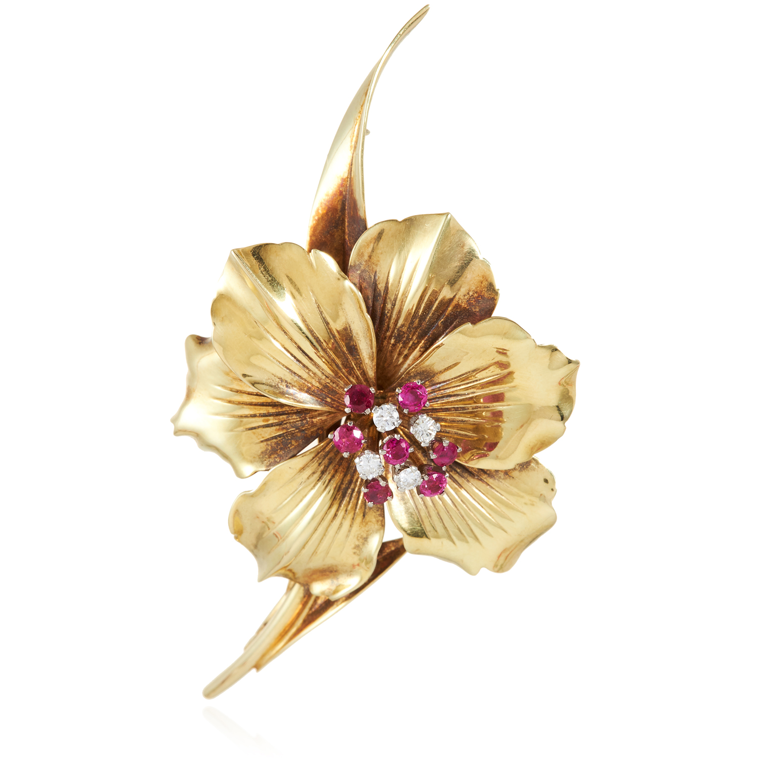 A RUBY AND DIAMOND FLOWER BROOCH, GARRARD & CO in 14ct yellow gold, designed as a floral spray on an