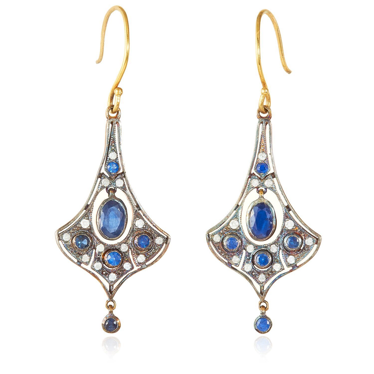 A PAIR OF SAPPHIRE AND DIAMOND EARRINGS in gold and silver, the tapering bodies set with sapphires