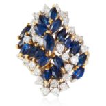 A VINTAGE SAPPHIRE AND DIAMOND DRESS RING in 18ct yellow gold, jewelled with marquise cut