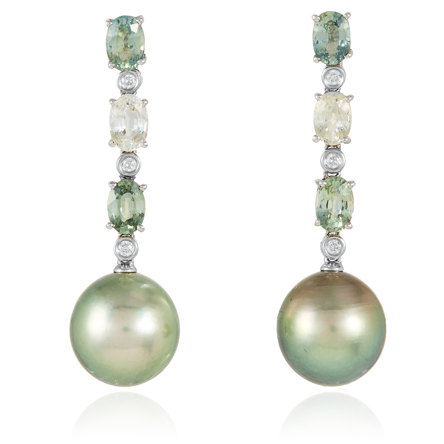A PAIR OF SAPPHIRE, DIAMOND AND PEARL EARRINGS in 18ct white gold, each suspending a large green