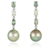 A PAIR OF SAPPHIRE, DIAMOND AND PEARL EARRINGS in 18ct white gold, each suspending a large green