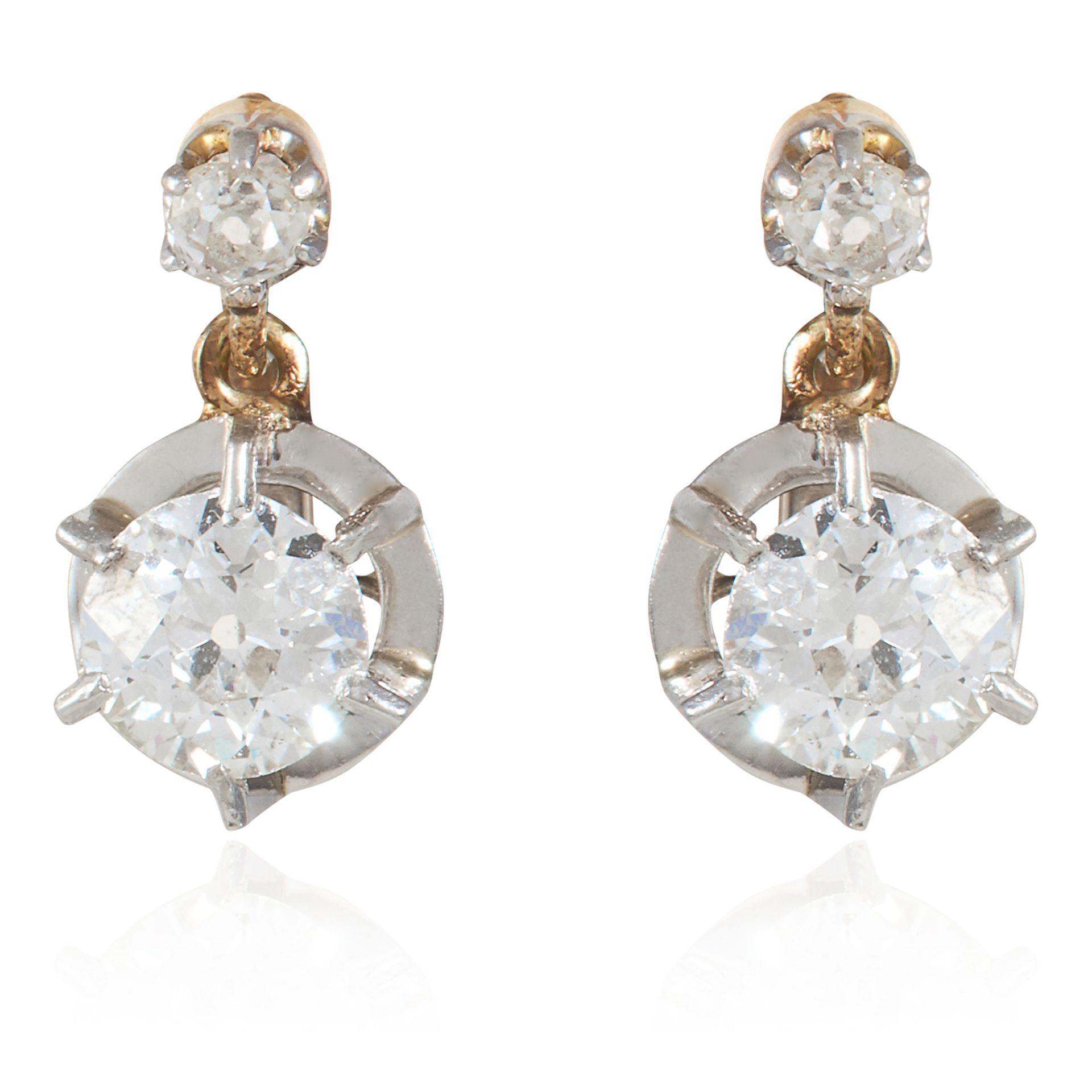 A PAIR OF ANTIQUE DIAMOND EARRINGS in high carat yellow gold, comprising of a rose and old cut