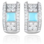 A PAIR OF TURQUOISE AND DIAMOND EARRINGS, PICCHIOTTI in 18ct white gold, each set with a square