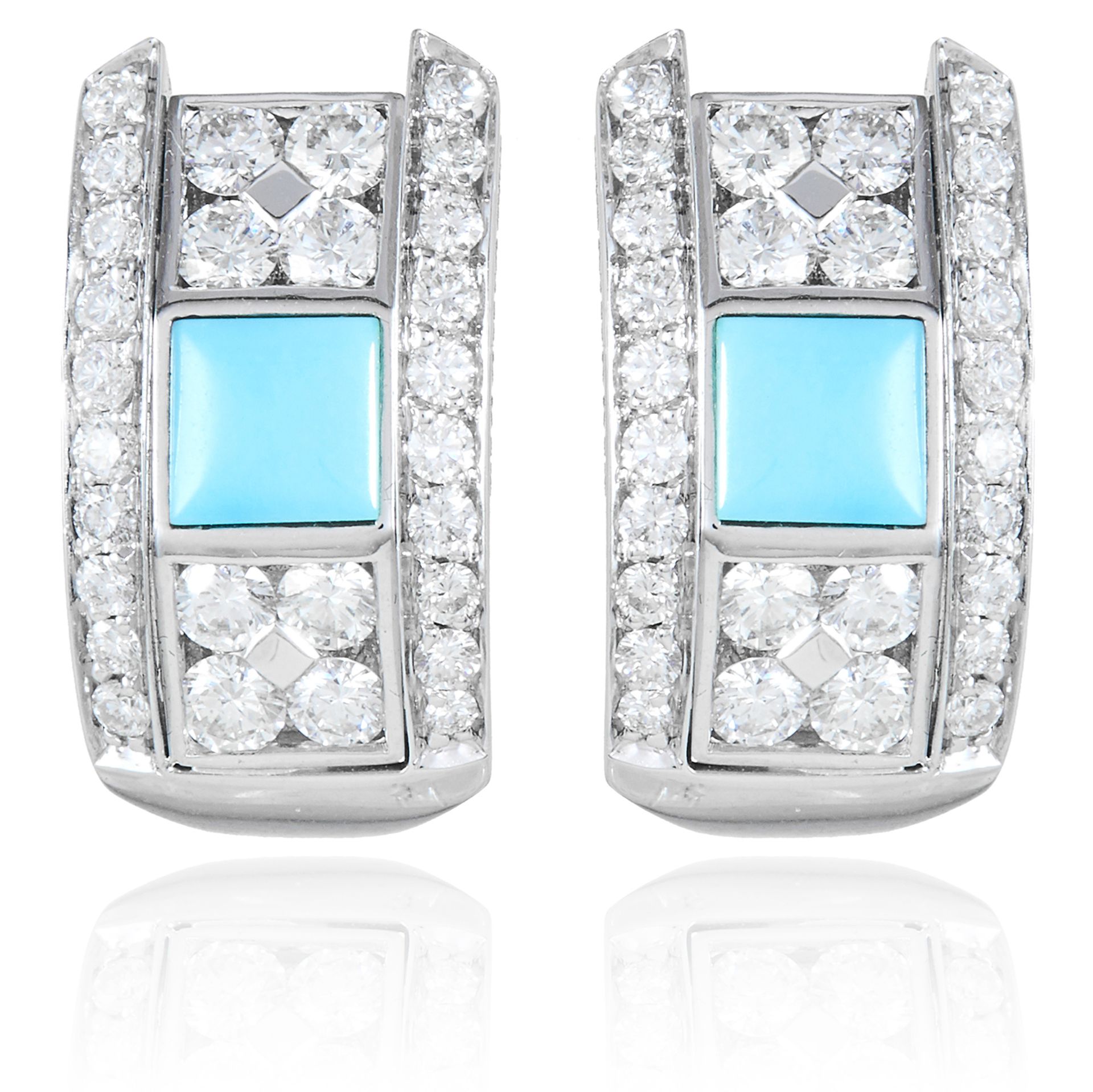 A PAIR OF TURQUOISE AND DIAMOND EARRINGS, PICCHIOTTI in 18ct white gold, each set with a square