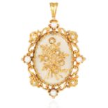 A DIAMOND AND PEARL PENDANT in yellow gold, comprising of scrolling and foliate motif, jewelled with