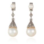 A PAIR OF ANTIQUE PEARL AND DIAMOND EARRINGS in white gold or platinum, each suspending a pearl