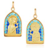 AN ANTIQUE PLIQUE A JOUR ENAMEL VIRGIN MARY PENDANT, 1920s in 18ct yellow gold, designed with the