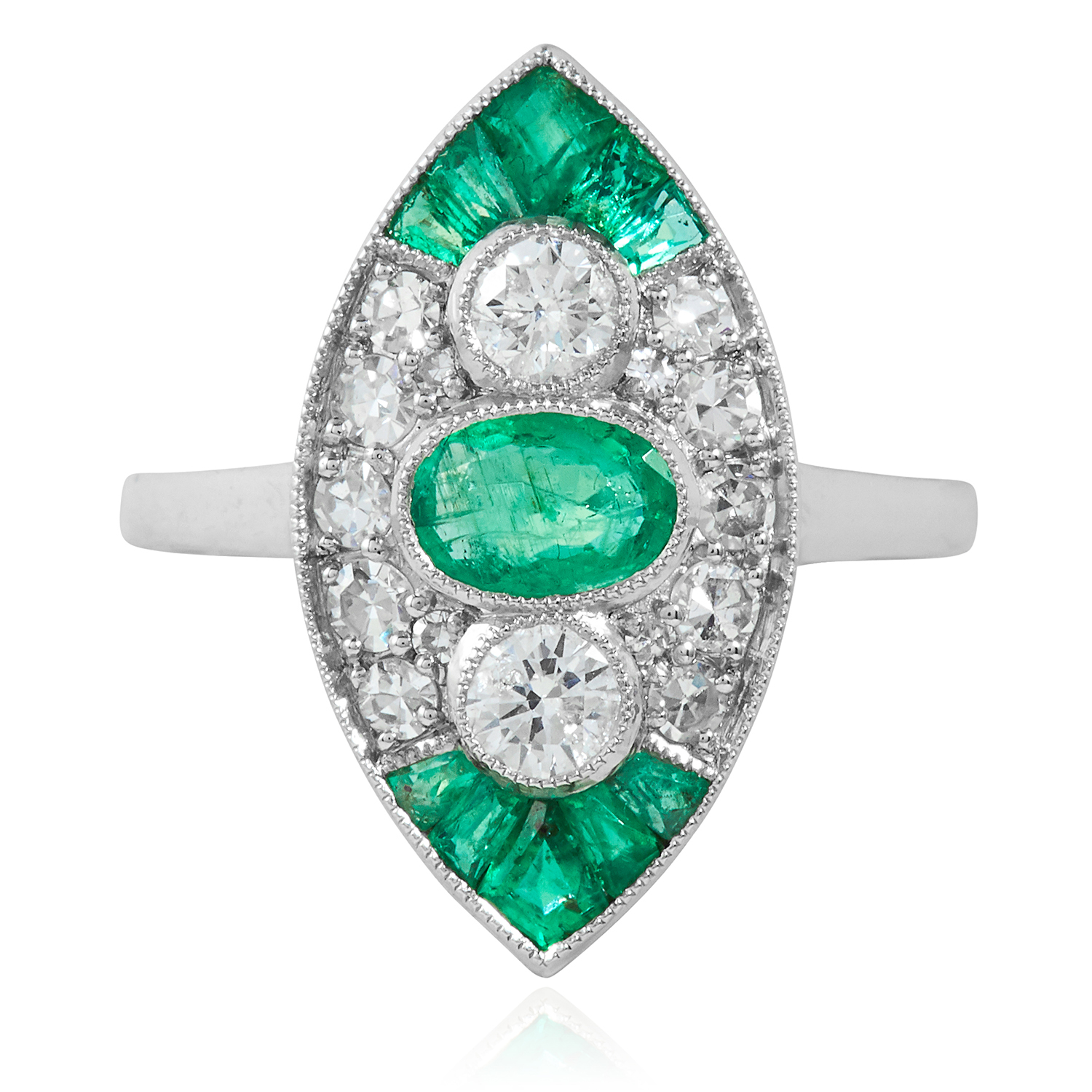AN ART DECO EMERALD AND DIAMOND RING in platinum or white gold, the navette face set with an oval