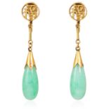 A PAIR OF ANTIQUE CHINESE JADEITE JADE DROP EARRINGS in yellow gold, each suspending a tapering jade