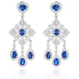 A PAIR OF SAPPHIRE AND DIAMOND CHANDELIER EARRINGS, in 18ct white gold, designed as a chandelier