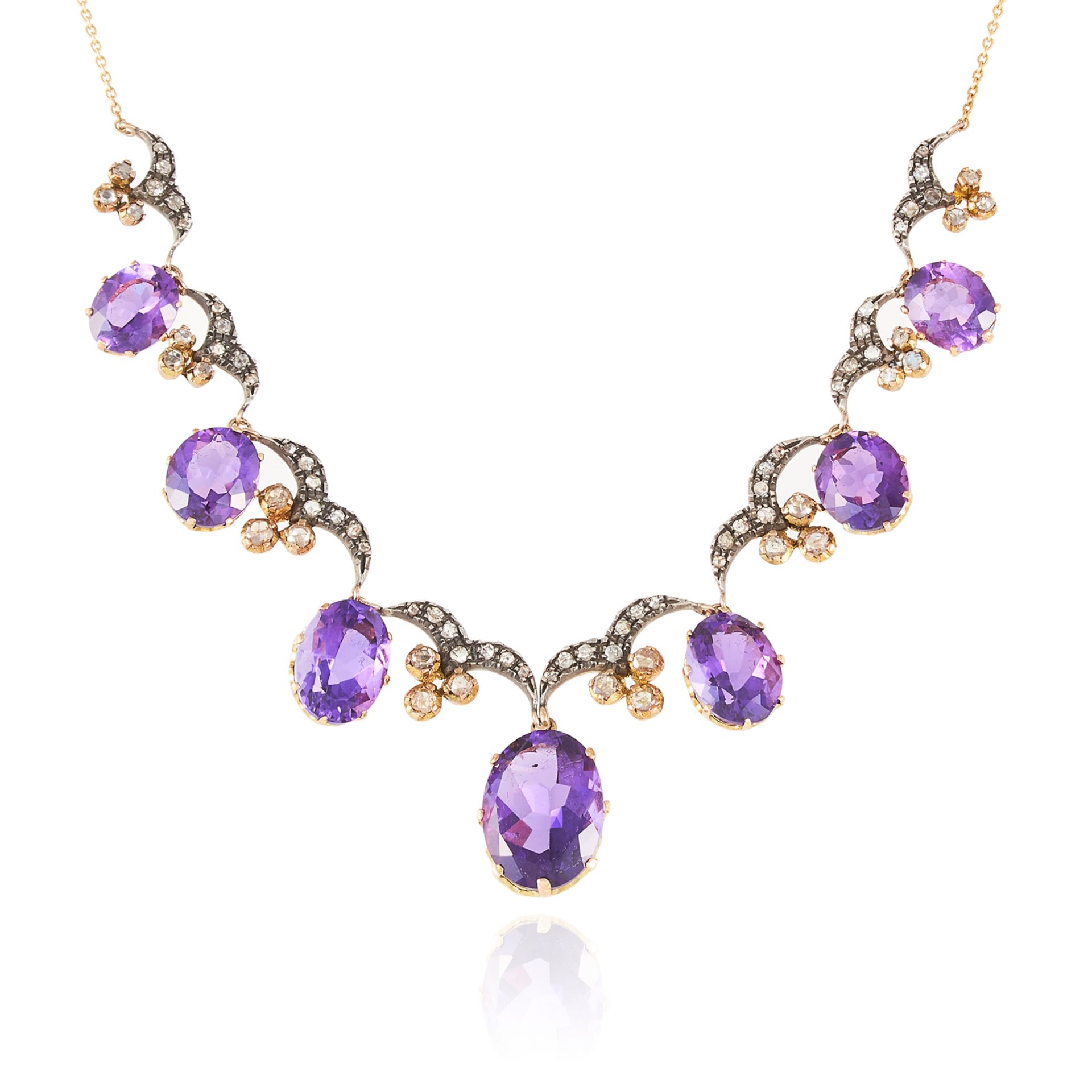 AN ANTIQUE AMETHYST AND DIAMOND NECKLACE, 19TH CENTURY in high carat yellow gold and silver,