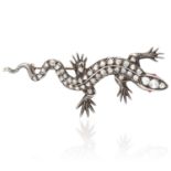 AN ANTIQUE RUBY AND DIAMOND SALAMANDER BROOCH in gold and silver, depicting a salamander, set with