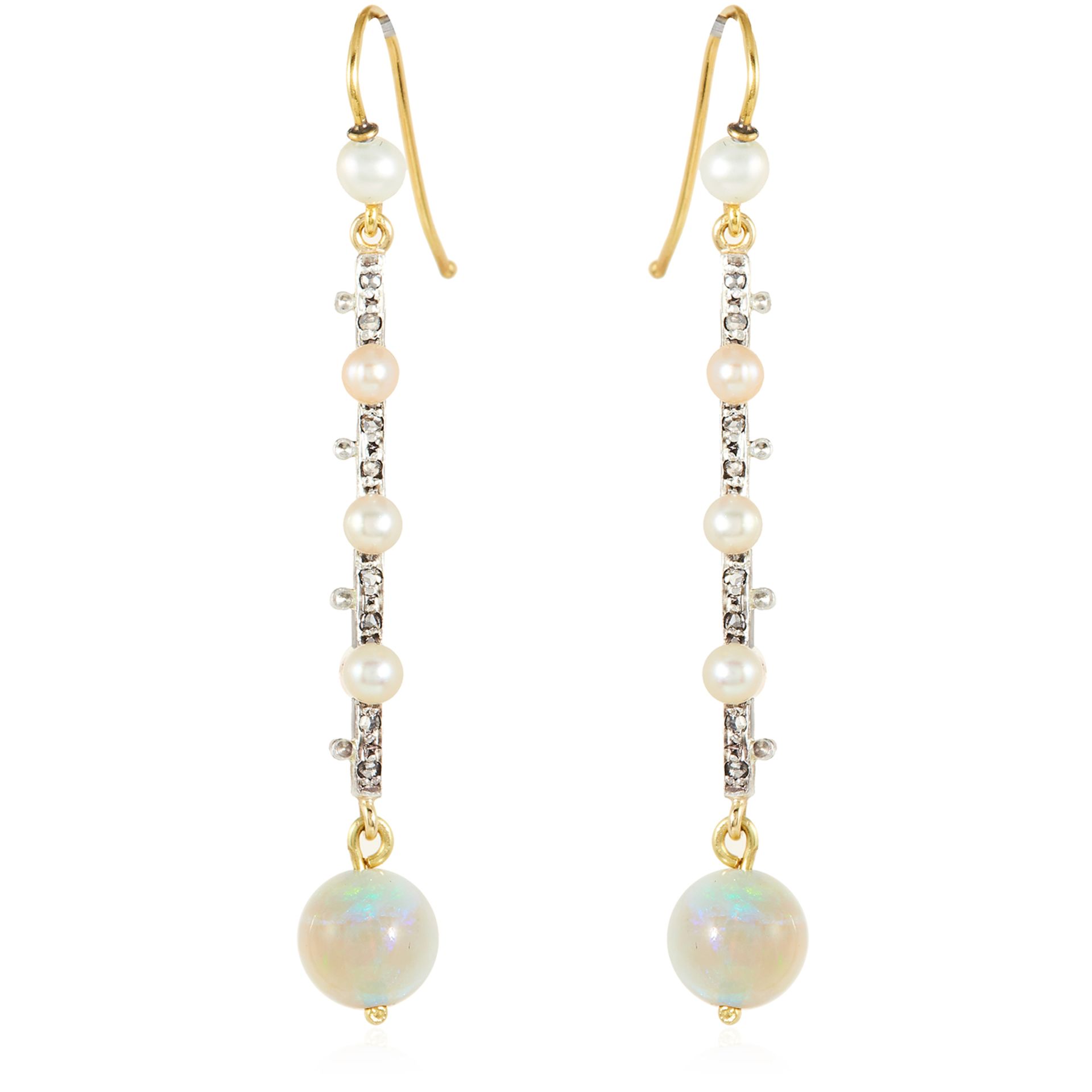A PAIR OF ANTIQUE OPAL, PEARL AND DIAMOND EARRINGS in yellow gold and silver, each suspending a